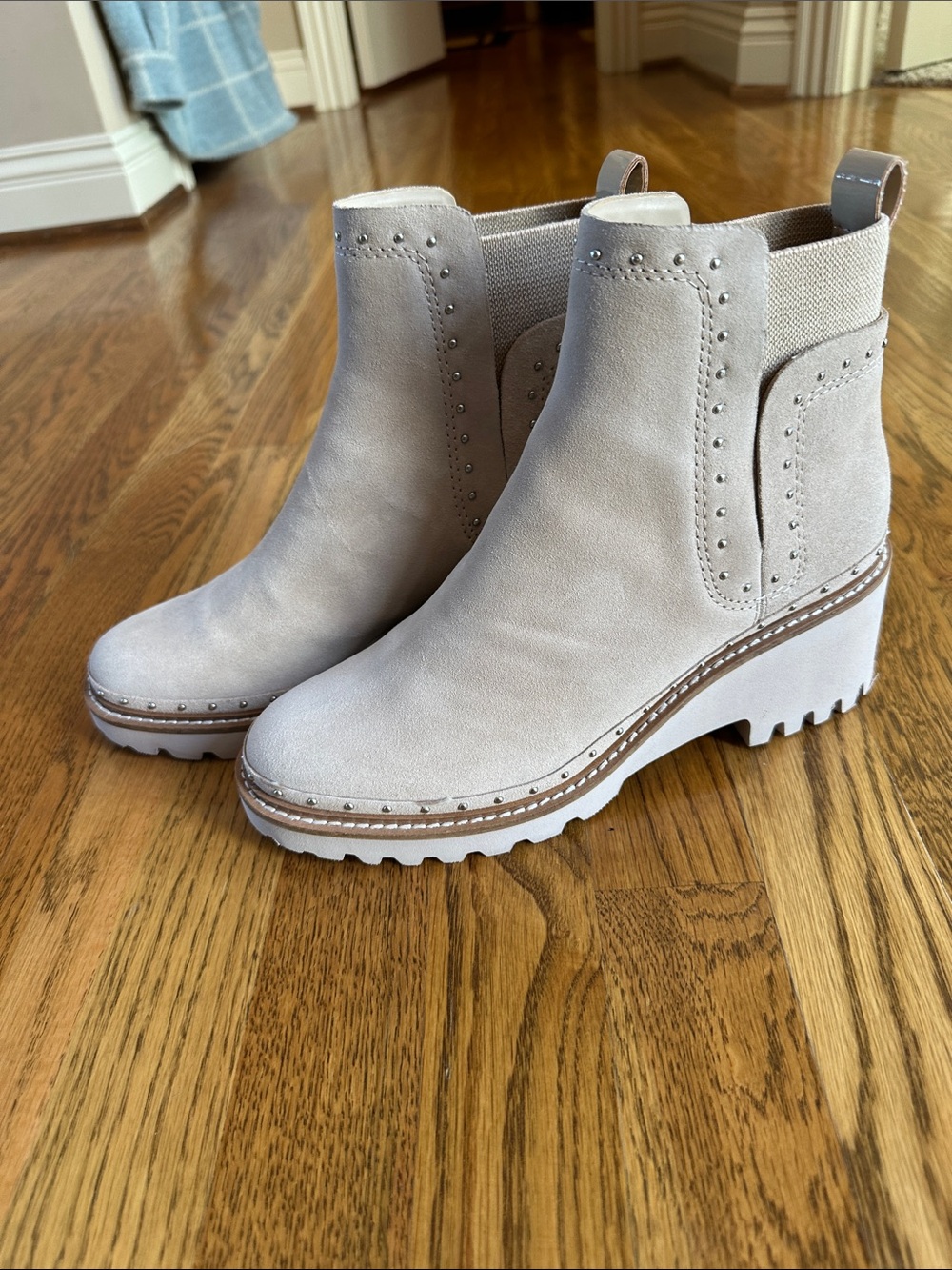 Dolce Vita Light Taupe Suede Studded Lug Sole Booties